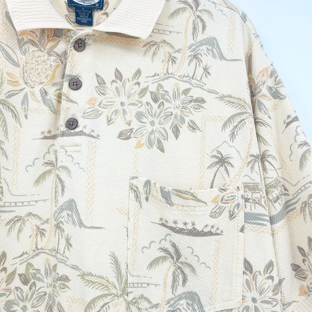 Tommy Bahama Mens Textured Cotton Tropical Floral‎ Hawaiian Polo Shirt Size L